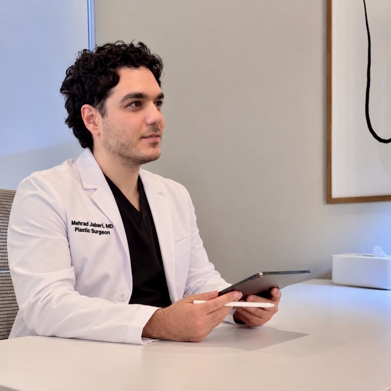 Dr. Mehrad Jaberi holding a tablet during a consultation